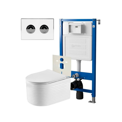 Сет: Система инсталляции пневматическая Point Элемент П для подвесного унитаза PN45121 + Клавиша смыва для пневматической инсталляции Point Венера, установка в стену, белый/хром, PN44072WC + Унитаз подвесной Point Омега безободковый, белый, сиденье дюропл