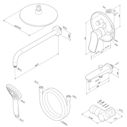 Набор: Смеситель Для ванны и душа, верхний душ с держателем, душевой набор и излив на ванну FB85A10000 X-Joy