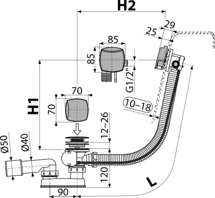 Сифон для ванны с напуском воды через перелив для ванн с толстыми стенками, металл
