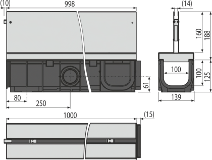 Щелевой дренажный канал с симметричной надставкой 160 мм, нержавеющая сталь 