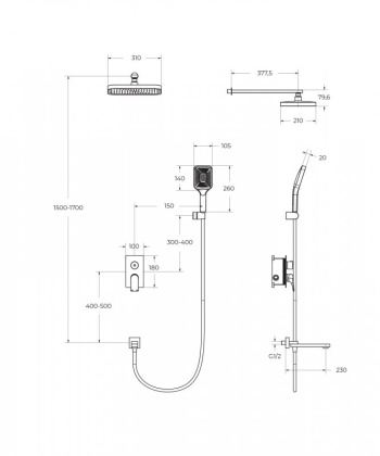 DUE Душевой комплект встраиваемый с изливом (смеситель встраиваемый, верхний душ, ручной душ со шлангом, штуцер с держателем), хром DUE-VDSET-CRM