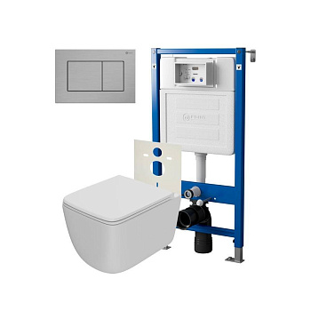 Сет: Система инсталляции Point Элемент для подвесного унитаза PN45120 + Клавиша смыва для инсталляции Point Ника, нержавеющая сталь, сталь брашированная, PN44081SB + Унитаз подвесной Point Меркурий безободковый, сиденье дюропласт микролифт, быстросъем, бе