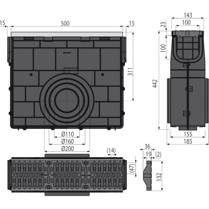 Пескоуловитель для дренажного канала AVZ103 с металлической рамой и решеткой из композитного материала С250