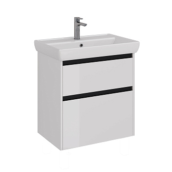 Тумба Lemark COMBI 70см под 1 раковину, подвесная/напольная, 2 ящика, цвет планки: Чёрный, цвет корпуса, фасада: Белый глянец
