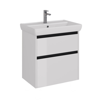 Тумба Lemark COMBI 70см под 1 раковину, подвесная/напольная, 2 ящика, цвет планки: Чёрный, цвет корпуса, фасада: Белый глянец