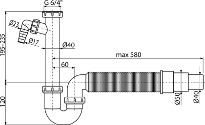 Сифон трубчатый с накидной гайкой 6/4" со штуцером и гофрой