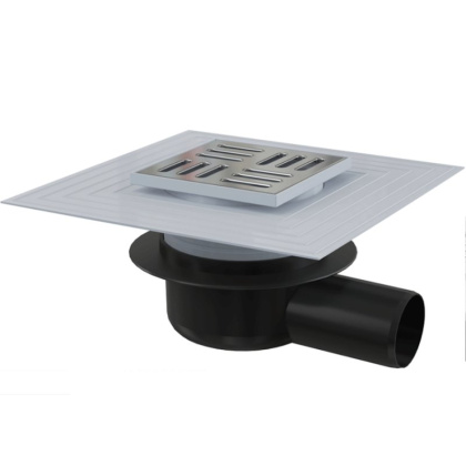 Сливной трап 105×105/50 мм боковой сток, решетка из нержавеющей стали, воротник изоляции 2–го уровня, гидрозатвор сухой 