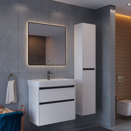 Пенал Lemark COMBI 35см подвесной/напольный, 2-х дверный, открывание лев/прав, цвет планки: Чёрный, цвет корпуса, фасада: Белый глянец