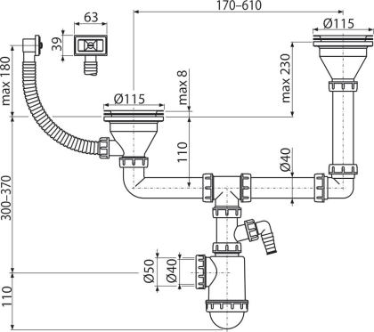 Сифон для сдвоенной мойки c решетками из нержавеющей стали DN115 с переполнением двухуровневый и штуцером