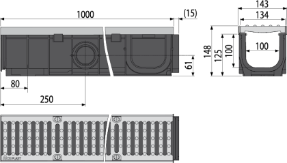 Дренажный канал 100 мм с металлической рамой и чугунной решеткой D400
