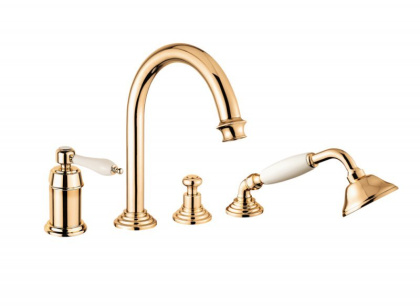 APHRODITE-BVDM-03/24-Bi Смеситель на борт ванны однорычажный с выдвижным душем и переключателем, исполнение золото 24 карат, ручки белые