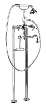 NOSTALGIA-VDPS2-01-Bi Напольный смеситель для ванны с поворотным изливом,ручным душем и кронштейном для слива-перелива Исполнение: Хром, Ручки: Белый 