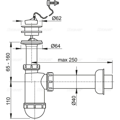 Сифон для умывальника DN40 с пластмассовой peшeткой DN63, с цепочкой