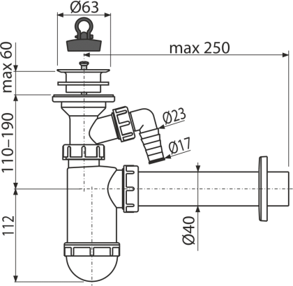 Сифон для умывальника DN40 со штуцером и пластмассовой peшeткой DN63