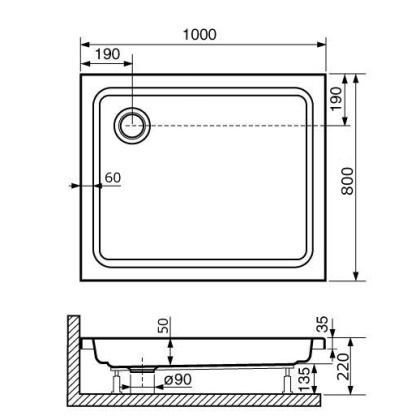 Душевой поддон  80*100*3,5 h22 RGW STYLE /Прямоуг Ø 90 мм  (FW5-8)