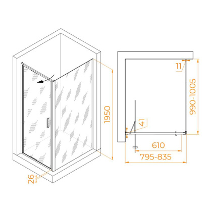Душевой уголок  80*100*195 RGW SV-145B (SV-05B + Z-050-2B) Прямоуг./Чёрный/Прозрачное/8 мм (Easy)