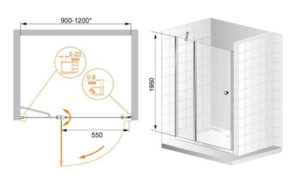 ELENA-W-B-12-110-P-Cr-L Душевая дверь Условные размеры, мм:1100x1950 Габариты с диапазоном регулировок, мм:(1080-1108)х1950 Ширина входа, мм:555  ELENA-W-B-12-110-P-Cr-L Душевая дверь Условные размеры, мм:1100x1950 Габариты с диапазоном регулировок, мм:(1080-1108)х1950 Ширина входа, мм:555