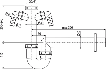 Сифон трубчатый с накидной гайкой 6/4" и двумя штуцерами