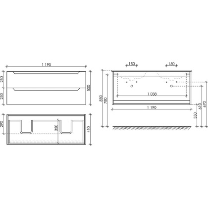 Тумба подвесная SANCOS Norma 2.0 1190х450х500, c двумя ящиками оснащенными доводчиками, белый глянец , арт. NR2.120-2W
