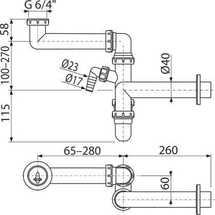 Сифон для мойки экономящий пространство со штуцером и с накидной гайкой 6/4"