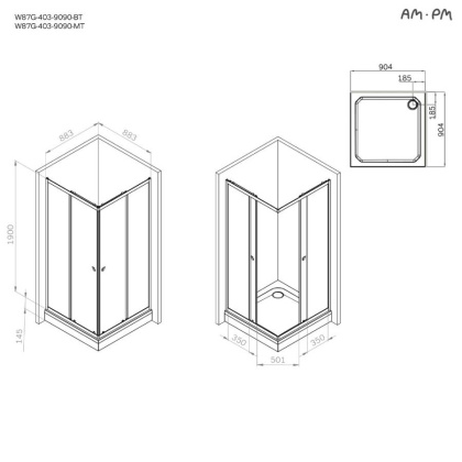 W87G-403-9090-МТ Sunny Душевое ограждание квадратное, раздвижные двери 90x90 серебро,стекло прозрачное