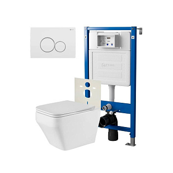 Сет: Система инсталляции Point Элемент для подвесного унитаза PN45120 + Клавиша смыва для инсталляции Point Виктория, белая/хром, PN44061WC + Унитаз подвесной Point Аврора PN41101 безободковый, белый, сиденье дюропласт, микролифт, быстросъемное