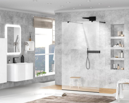 LIBERTA-L-2-125-C-NERO Душевая перегородка с возможностью двустороннего входа, стекло прозрачное, профиль чёрный, 1250x1950 мм