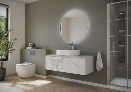 Тумба подвесная SANCOS Stone из керамогранита с одним выдвижным ящиком и столешницей из керамогранита 1200х400х495, керамогранит Statuario white, арт. ST120SV