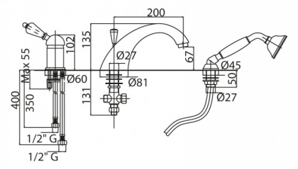 VINTAGE-BVDM-01-Sw-N Смеситель на борт ванны Исполнение: Хром, Ручки: Swarovski Nero 