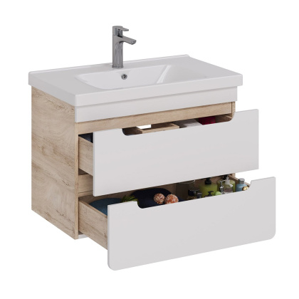 Тумба Lemark OLIVIA 80см под 1 раковину, подвесная, 2 ящика, цвет корпуса: Дуб кантри, цвет фасада: Белый глянец