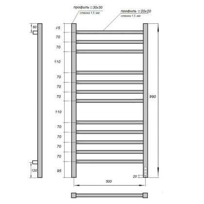 Полотенцесушитель электрический Point Вега PN71850 П12 500x1000, диммер справа, хром Полотенцесушитель электрический Point Вега PN71850 П12 500x1000, диммер справа, хром