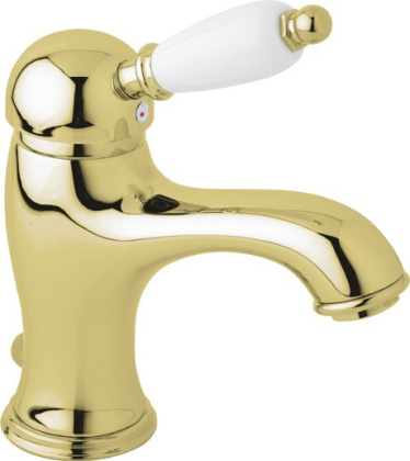 ELITE-LSM1-03/24-Bi Смеситель для раковины однорычажный с донным клапаном, золото, ручка белая